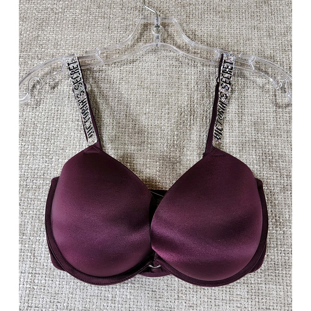 Victorias Secret Very Sexy Push Up Bra Womens 32DDD Burgundy Rhinestone Straps